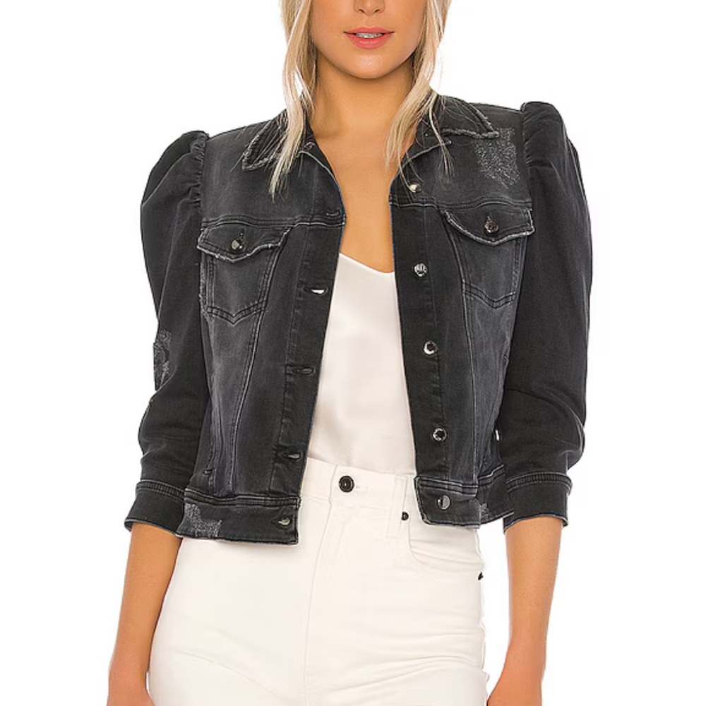 Retrofete Ada Puff Sleeve Distressed Denim Jacket in Faded Black  - Women’s NWT